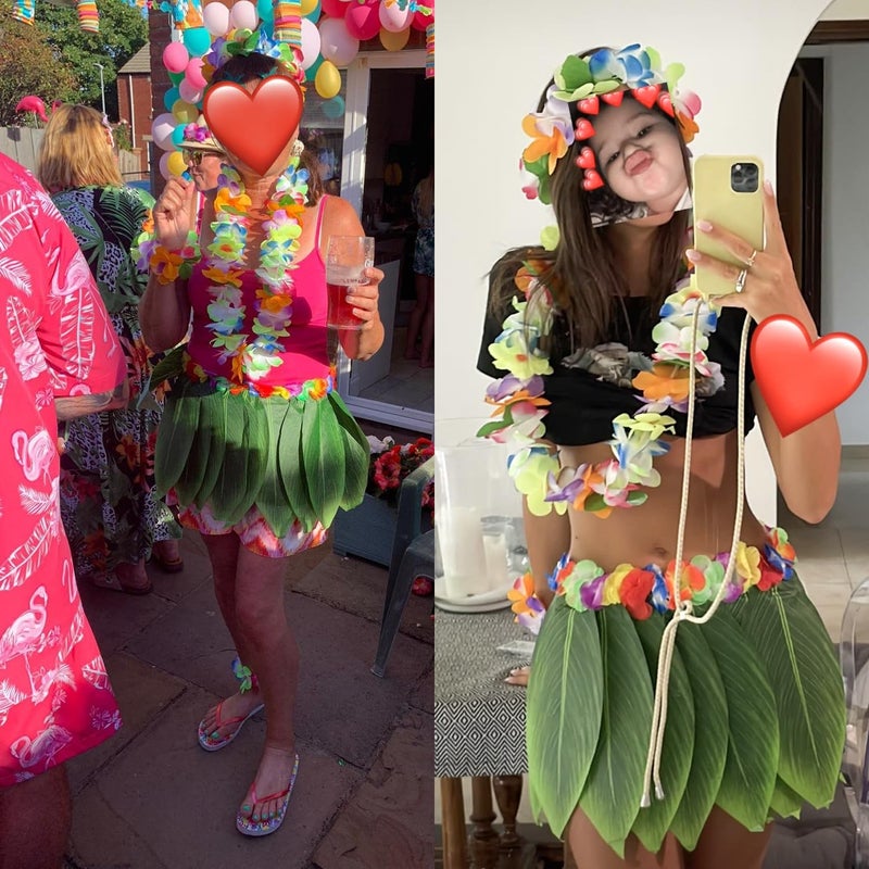 PIXHOTUL Leaf Hula Skirt and Hibiscus Leis Set Hawaiian Costumes for Beach Luau Party (Color 1) - Image 5
